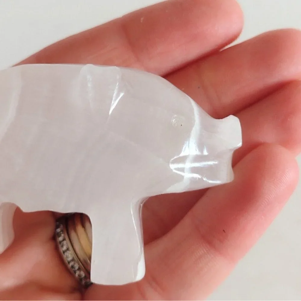 Vintage Handcarved White Onyx Stone Pig Figurine Sculpture Small